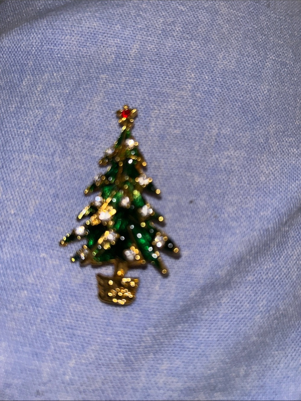 Vintage Gold & Green Christmas Tree Pin with Red Star